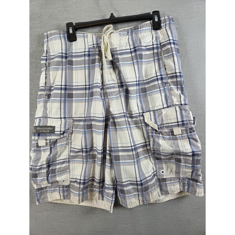 Abercrombie & Fitch Y2K Shorts Mens L Blue White Plaid Cargo Drawstring Lined
